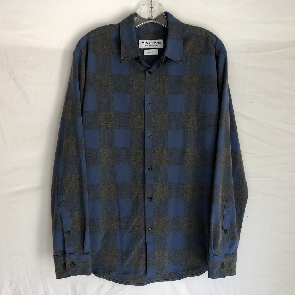 Mizzen+Main Shirt Mens Large Blue Plaid Flannel Long Sleeve Slim Button Front